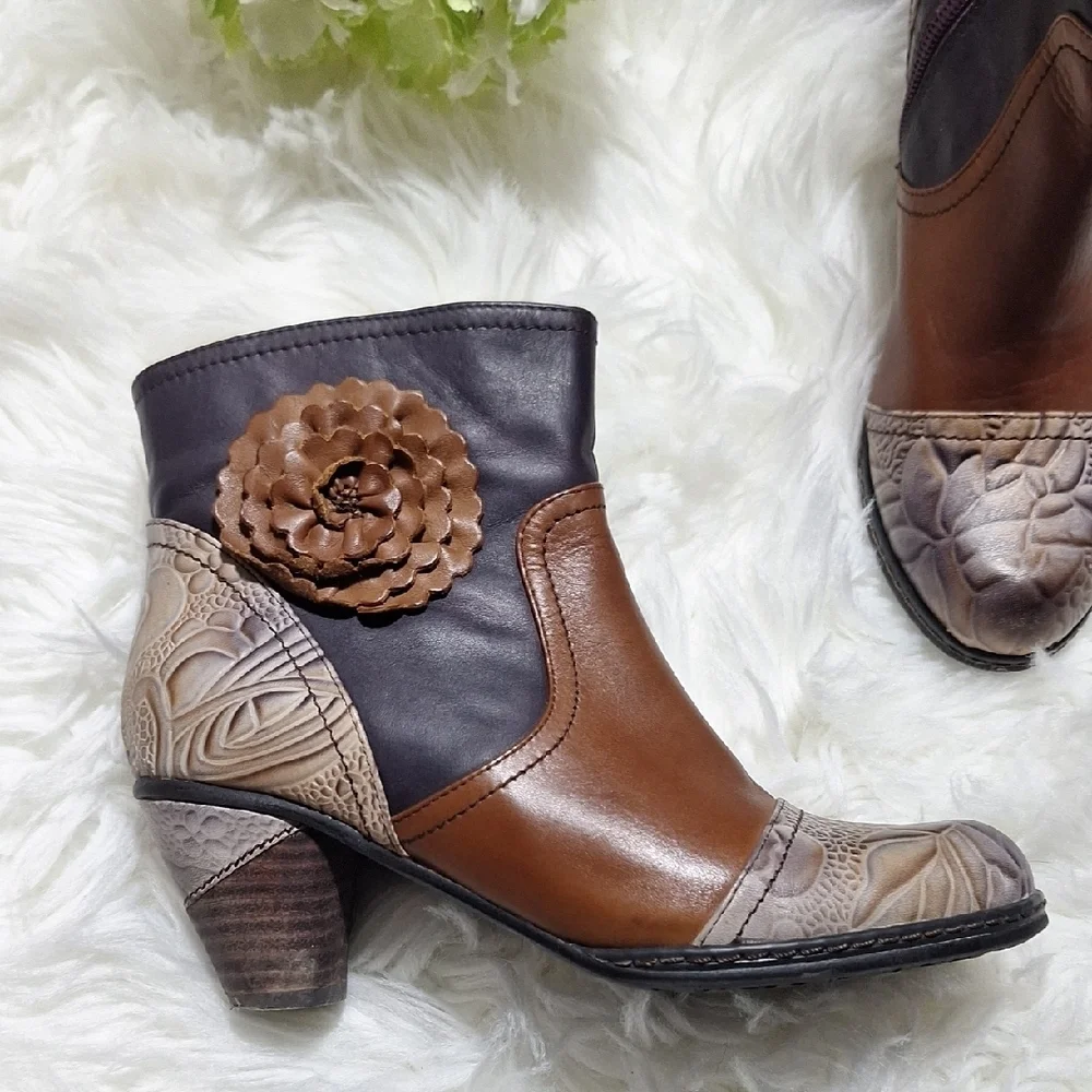 Spring Step Brown and Tan Floral Ankle Boots